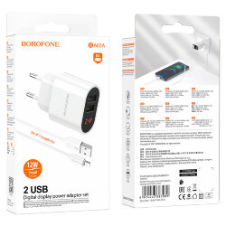 СЗУ Borofone BA63A 2 разъема USB, 2.4A, digital display + кабель Ligthning, белое