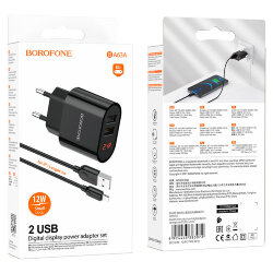 СЗУ Borofone BA63A 2 разъема USB, 2.4A, digital display + кабель Ligthning, черное*