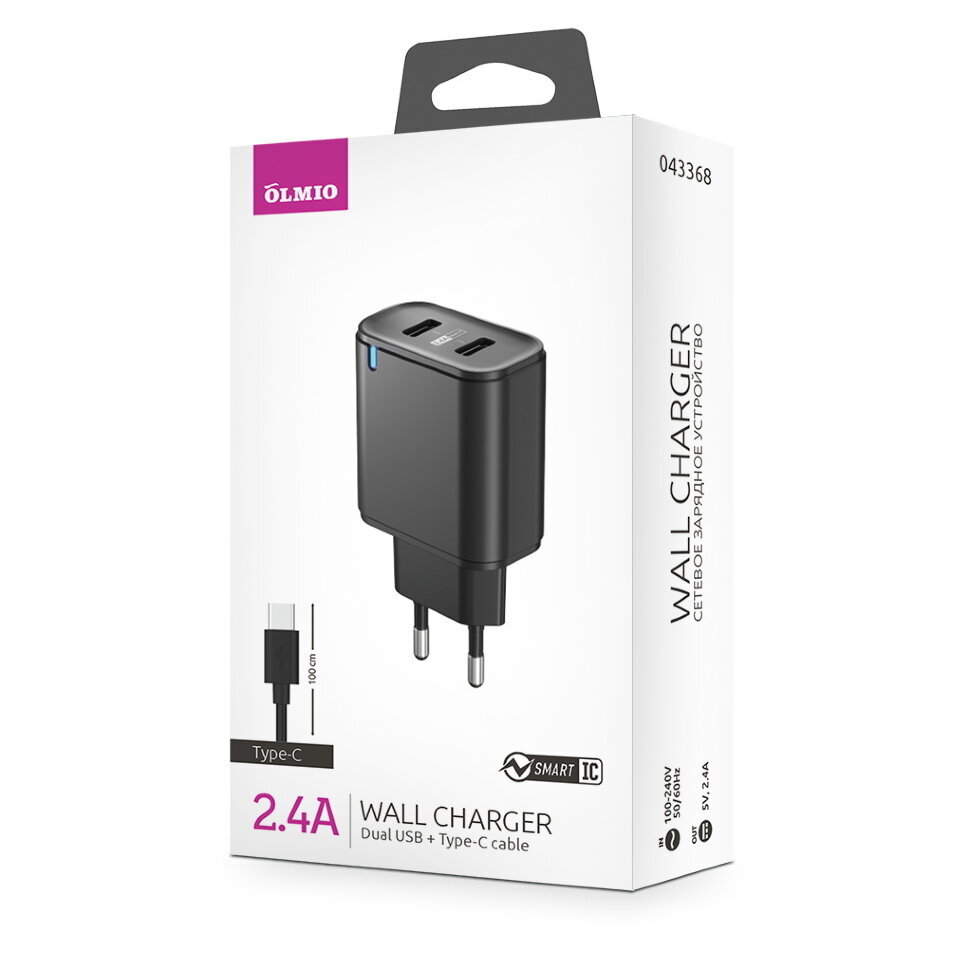 СЗУ с 2-мя разъемами USB Olmio 2.4A Smart IC + кабель Type-C, белое