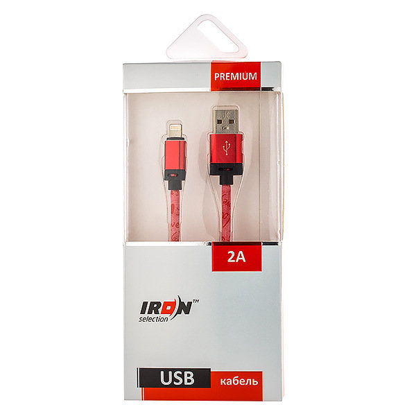 USB кабель на iPhone 5 Iron Selection PREMIUM 2A прорезиненный с рисунком красный