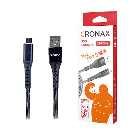 Кабель USB - MicroUSB CRONAX Strong ST-01m 3A, резиновый с металлич.оплеткой, серый (тех.упак)