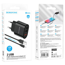 СЗУ Borofone BA63A 2 разъема USB, 2.4A, digital display + кабель MicroUSB, черное
