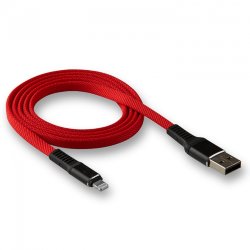 USB кабель на iPhone 5 WALKER C750 ткань плоский с металл.наконечником красный*