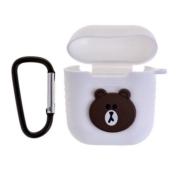 Чехол силиконовый для кейса AirPods с карабином Медведь Brown (белый)