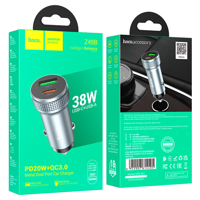 АЗУ HOCO Z49B, 1*PD20W + 1*USB QC3.0, metal gray