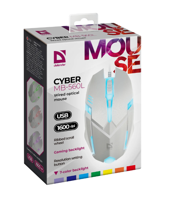Мышь проводная Defender Cyber MB-560L, подсветка, белая