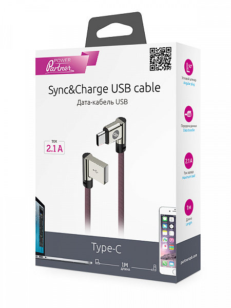 Кабель USB - Type-C Partner 1.0 м угловой тканевая оплетка