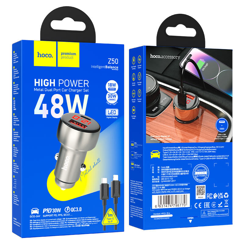 АЗУ HOCO Z50, 1*PD30W + 1*QC3.0, LCD Display + кабель Type-C на Lightning, metal gray