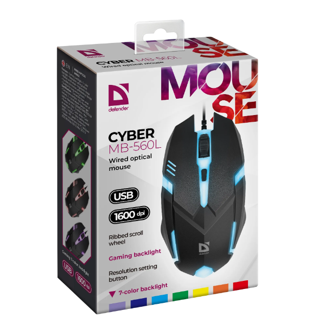 Мышь проводная Defender Cyber MB-560L, подсветка, черная