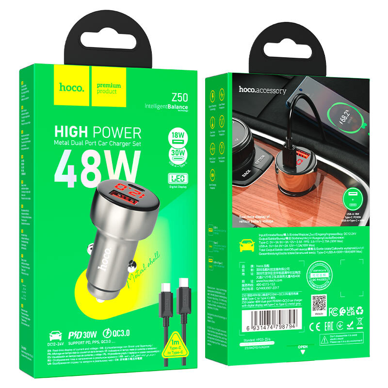 АЗУ HOCO Z50, 1*PD30W + 1*QC3.0, LCD Display + кабель Type-C на Type-C, metal gray