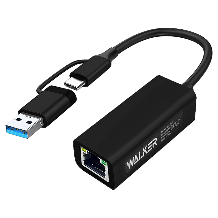 Адаптер WALKER WA-045 Type-C/USB (папа) - LAN мама) в коробке, черный