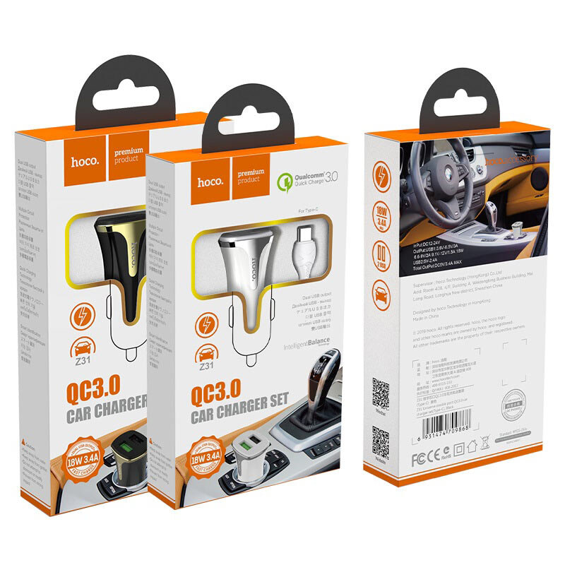 АЗУ HOCO Z31 2 разъема USB 18W, QC3.0 + кабель Type-C, белое