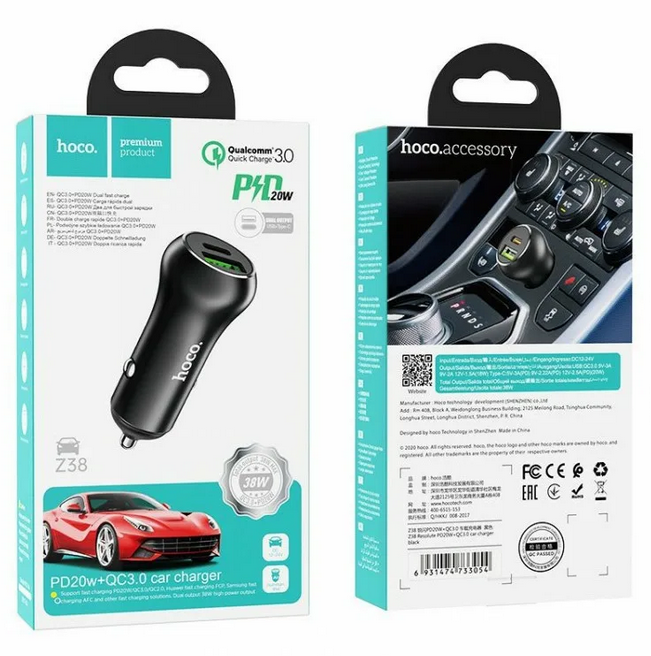 АЗУ HOCO Z38, 1*PD20W + 1*USB QC3.0 18W, черное