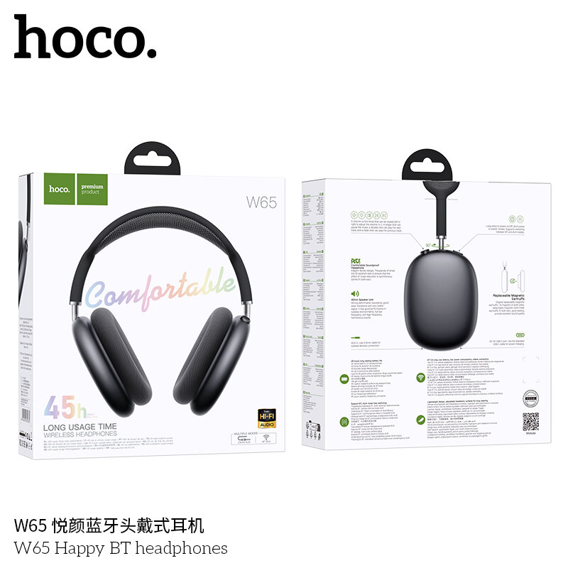 Гарнитура Bluetooth HOCO W65 Happy, bluetooth 5.4, полноразмерная, магнитные амбушюры, темно-серая