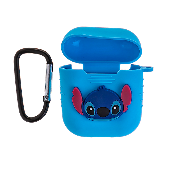 Чехол силиконовый для кейса AirPods с карабином Стич (голубой)