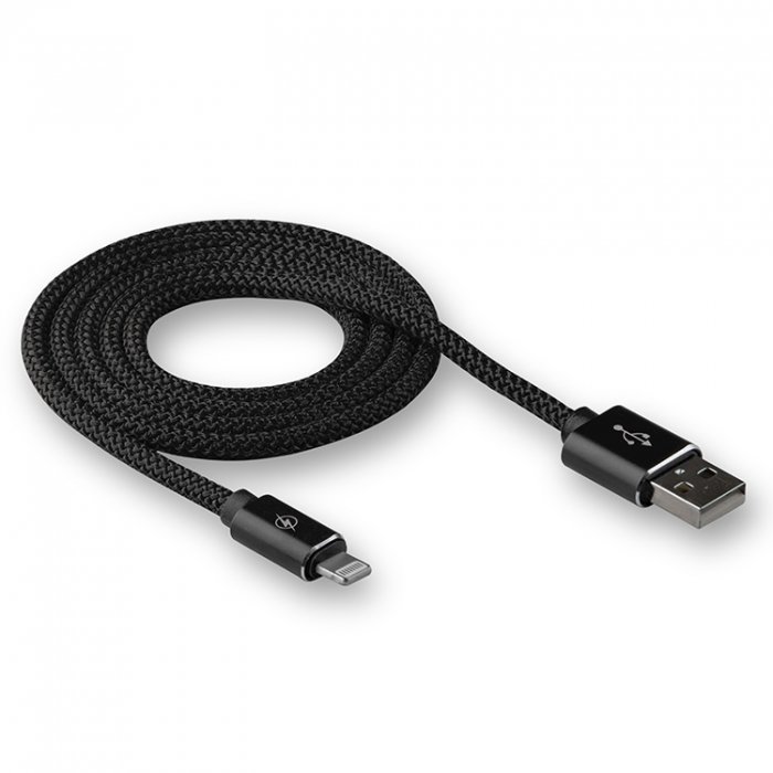 USB кабель на iPhone 5 WALKER C740 ткань круглый с металл.наконечником черный