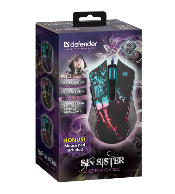 Мышь проводная Defender Sin Sister GM-933, игровая, подсветка, черная