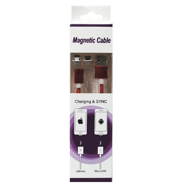 Кабель USB МАГНИТНЫЙ 2 в 1 (MicroUSB - iPhone 5) 2A 2.1m красный