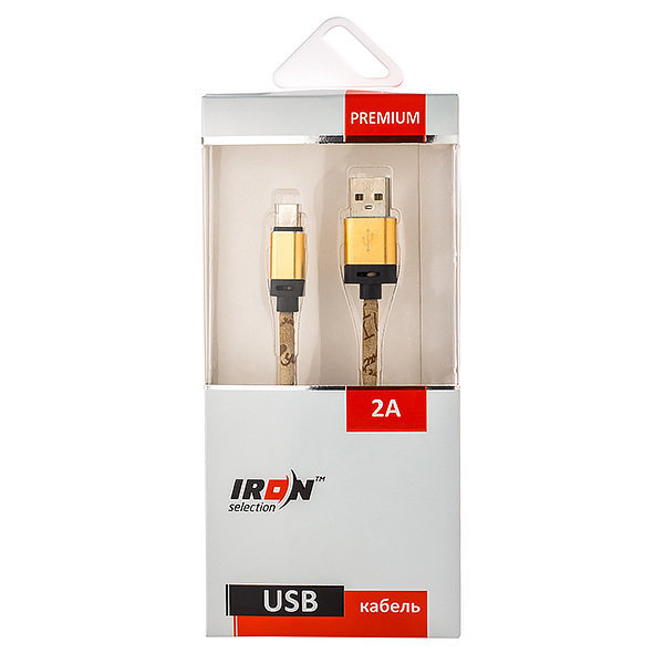 Кабель USB - MicroUSB Iron Selection PREMIUM 2A прорезиненный с рисунком золотистый