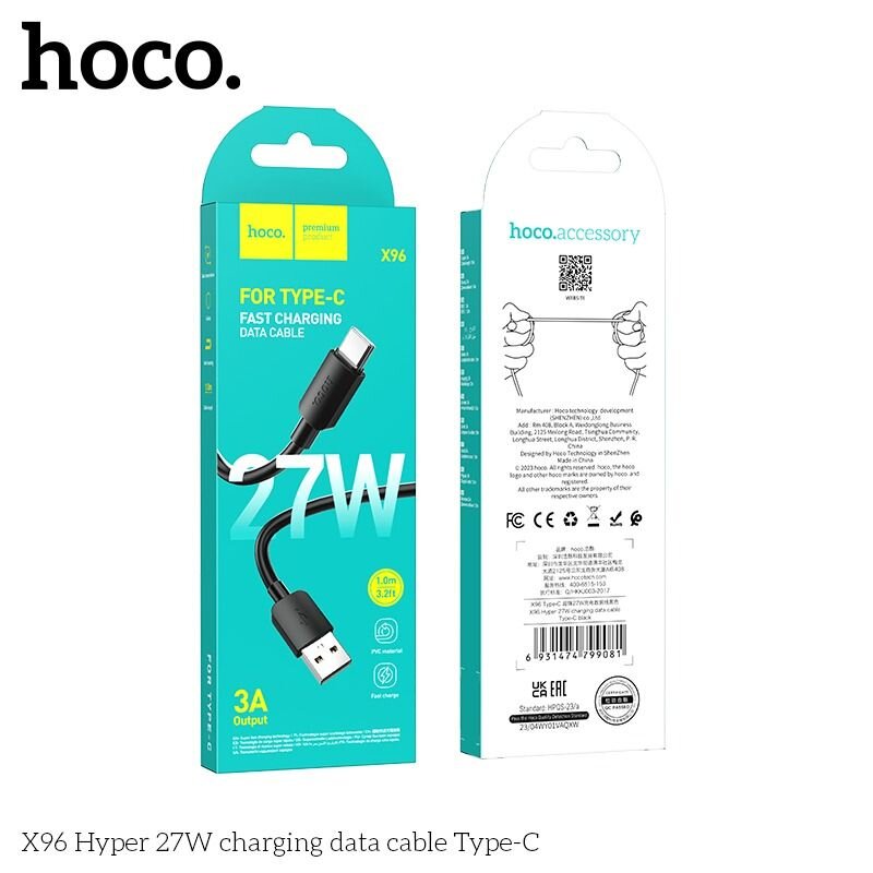 Кабель USB - Type-C HOCO X96 Hyper 3A, 27W, 1 метр, черный