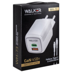 СЗУ WALKER WH-73 GaN 1*Type-C PD45W + 1*USB QC3.0 18W + кабель Type-C на Type-C, белое