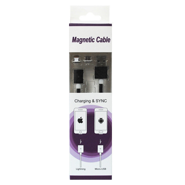 Кабель USB МАГНИТНЫЙ 2 в 1 (MicroUSB - iPhone 5) 2A 2.1m черный