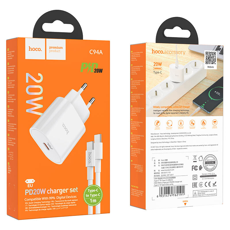 СЗУ HOCO C94A, 1*PD20W + кабель Type-C на Type-C, белое