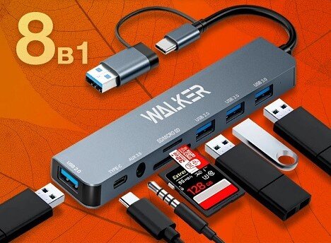 Разветвитель HAB WALKER WHUB-53, USB/Type-C to USB3.0+USB2.0*3+Type-C+AUX 3.5+SD/microSD, серый