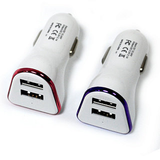 Авто адаптер 2 USB в пакете Iron Selection 2.1A+1A фигурный белый с фиолетовой полосой