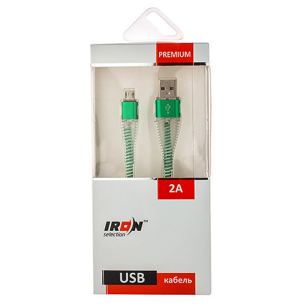 Кабель USB - MicroUSB Iron Selection PREMIUM 2A текстильный светящийся бело-зеленый