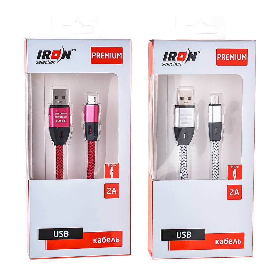 Кабель USB - MicroUSB Iron Selection PREMIUM ZT-06m 2A текстиль плоский плетеный красный
