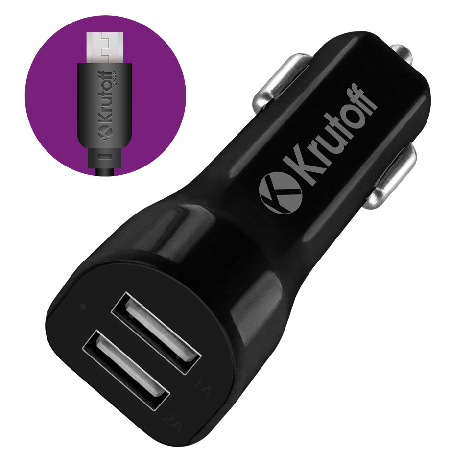 АЗУ Krutoff CCH-01M 2 разъема USB, 2.1A + кабель microUSB, черное