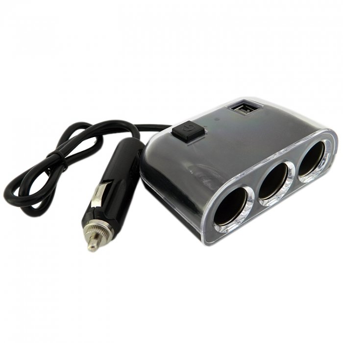 Разветвитель автомобильный Q3 со шнуром 3 разъема с 2 USB 1000mAh