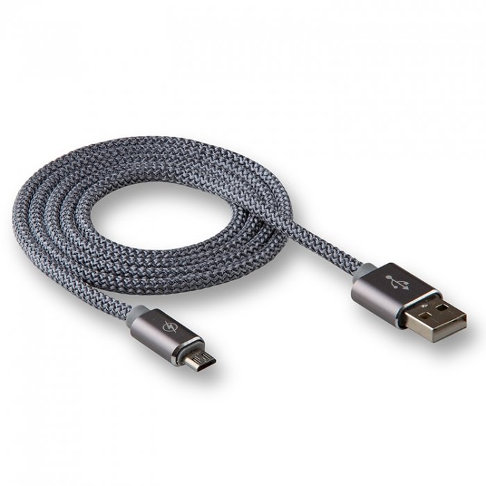 Кабель USB - MicroUSB WALKER C740 ткань круглый с металл.наконечником серый