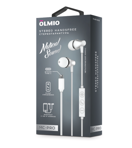 Гарнитура Olmio MC-Pro Type-C с кнопкой ответа, металл, белая