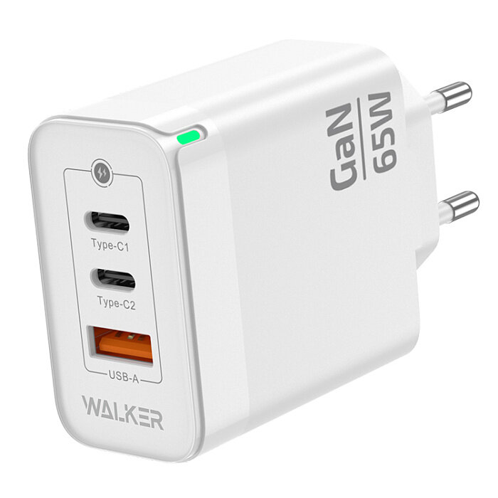 Сетевой адаптер WALKER WH-45 GaN 2*Type-C PD65W и PD30W + 1*USB QC3.0 18W, белый СКИДКА