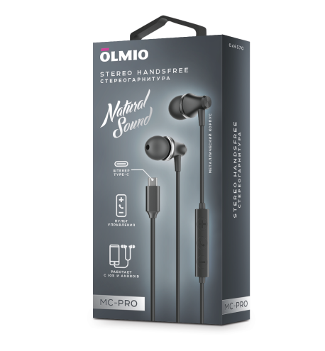 Гарнитура Olmio MC-Pro Type-C с кнопкой ответа, металл, черная