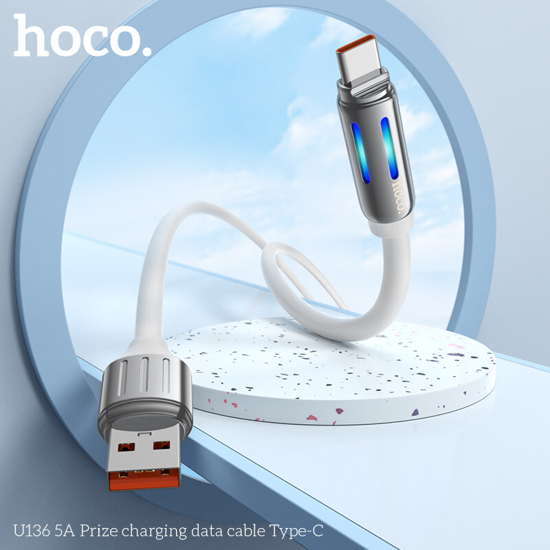 Кабель USB - Type-C HOCO U136 5A, с LED индикатором, 1.2 метра, белый