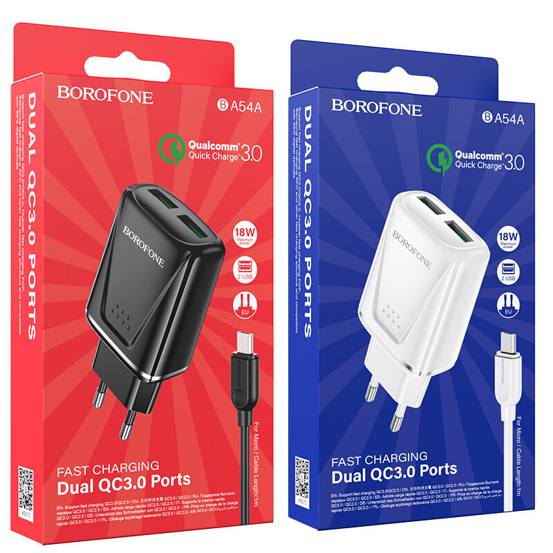 СЗУ Borofone BA54A 2 разъема USB QC3.0 + кабель MicroUSB, черное*