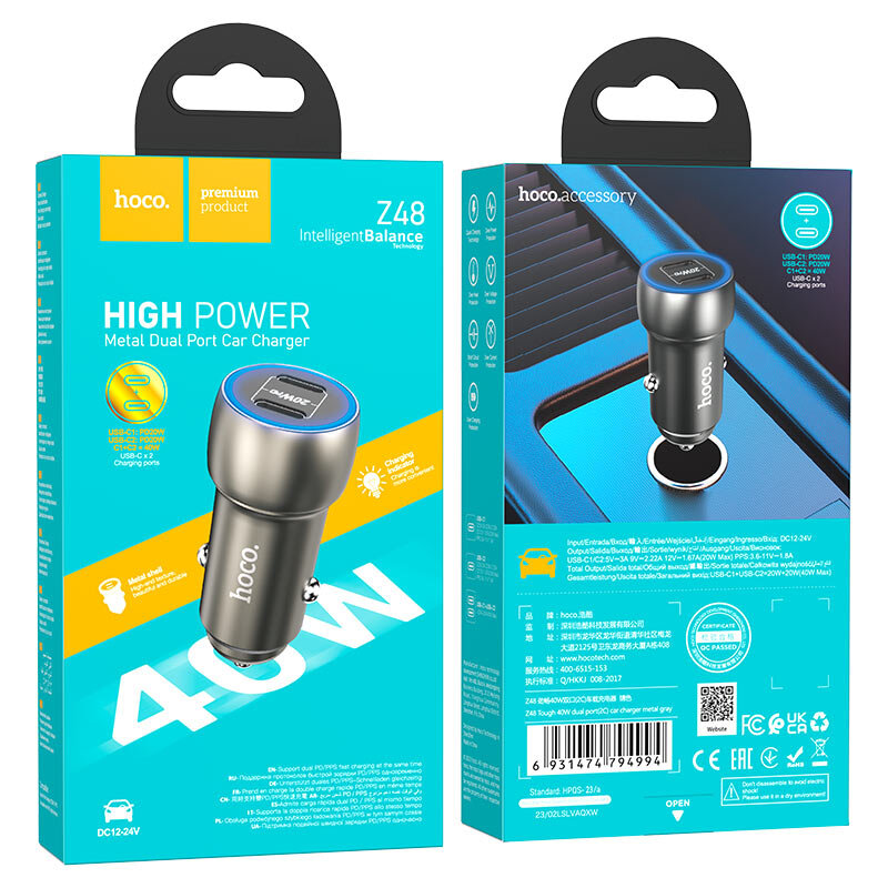 АЗУ HOCO Z48, 2*PD20W, Max 40W, металлический корпус, серое