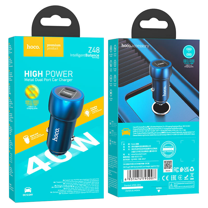 АЗУ HOCO Z48, 2*PD20W, Max 40W, металлический корпус, синее
