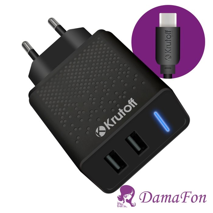 СЗУ Krutoff CH-07C 2 разъема USB, 2.4A + кабель Type-C, черное