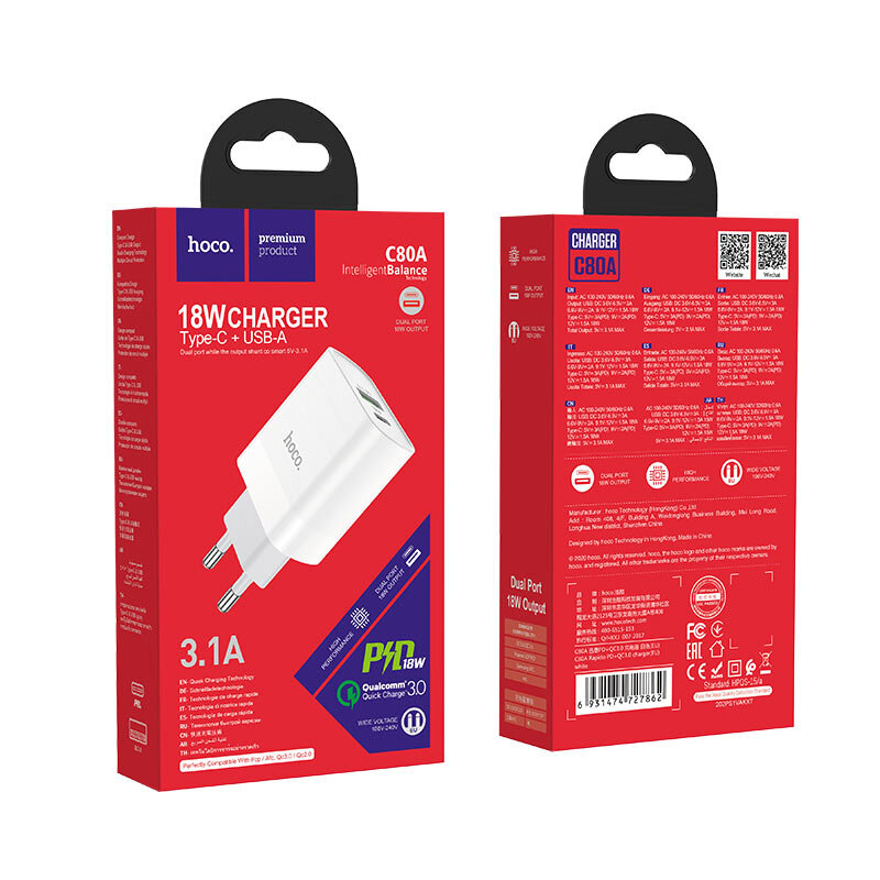 СЗУ HOCO C80A 2 разъема Rapido PD20W и QC3.0, белое