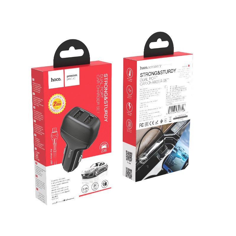АЗУ HOCO Z36, 2*USB, 2.4A + кабель microUSB, черное