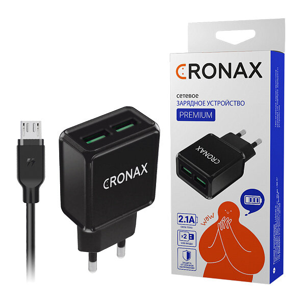 СЗУ CRONAX Premium CR-205m, 2USB, 2.1A + кабель Micro, черный, в коробочке