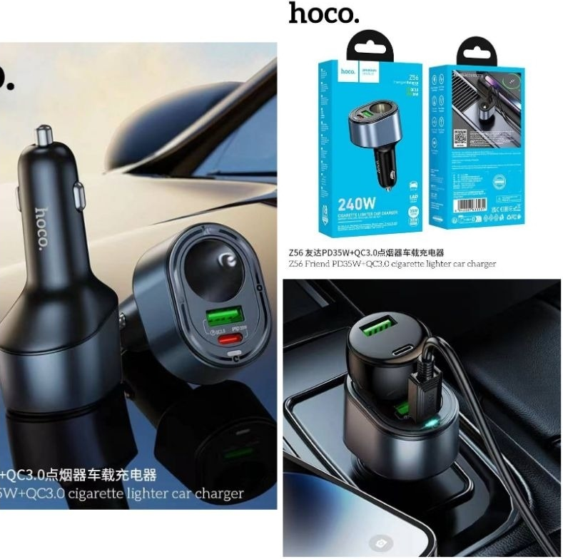 Разветвитель автомобильный Hoco Z56, 240W, 1 разъем + 1*USB QC3.0 + 1* Type-C PD35W, черный