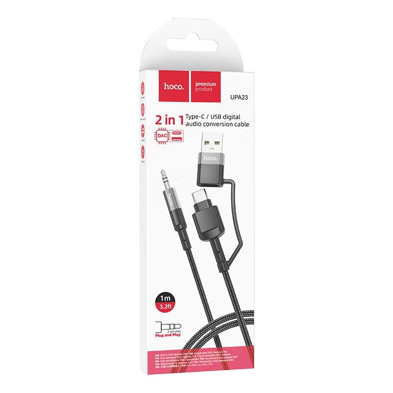 Адаптер Hoco UPA23 2в1 Type-C/USB (папа) - AUX (папа), кабель 1 метр, серый