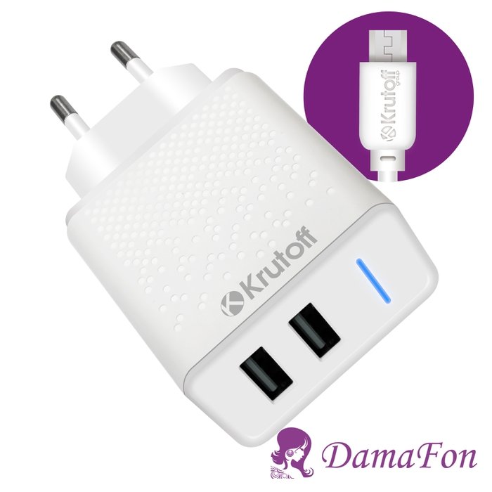СЗУ Krutoff CH-07M 2 разъема USB, 2.4A + кабель microUSB, белое