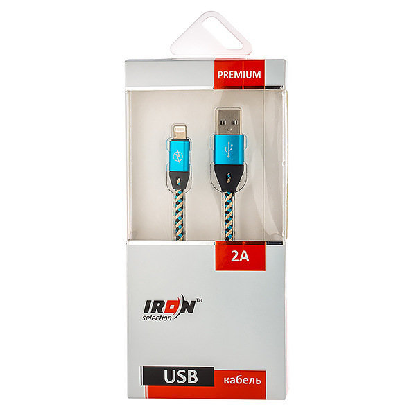 USB кабель на iPhone 5 Iron Selection PREMIUM 2A Fast Charge меланж голубой