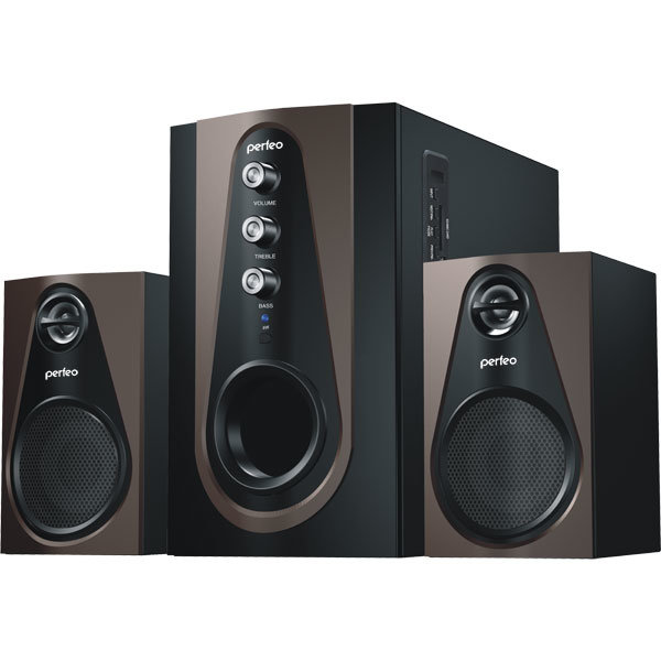 Колонки для компьютера Perfeo PF-103-BT "Scenic" 2.1, Bluetooth, FM-тюнер, USB/SD, черно-коричневые